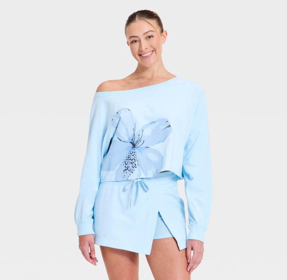 JoyLab Off Shoulder Flower Cropped Long Sleeve Blue Top XXL